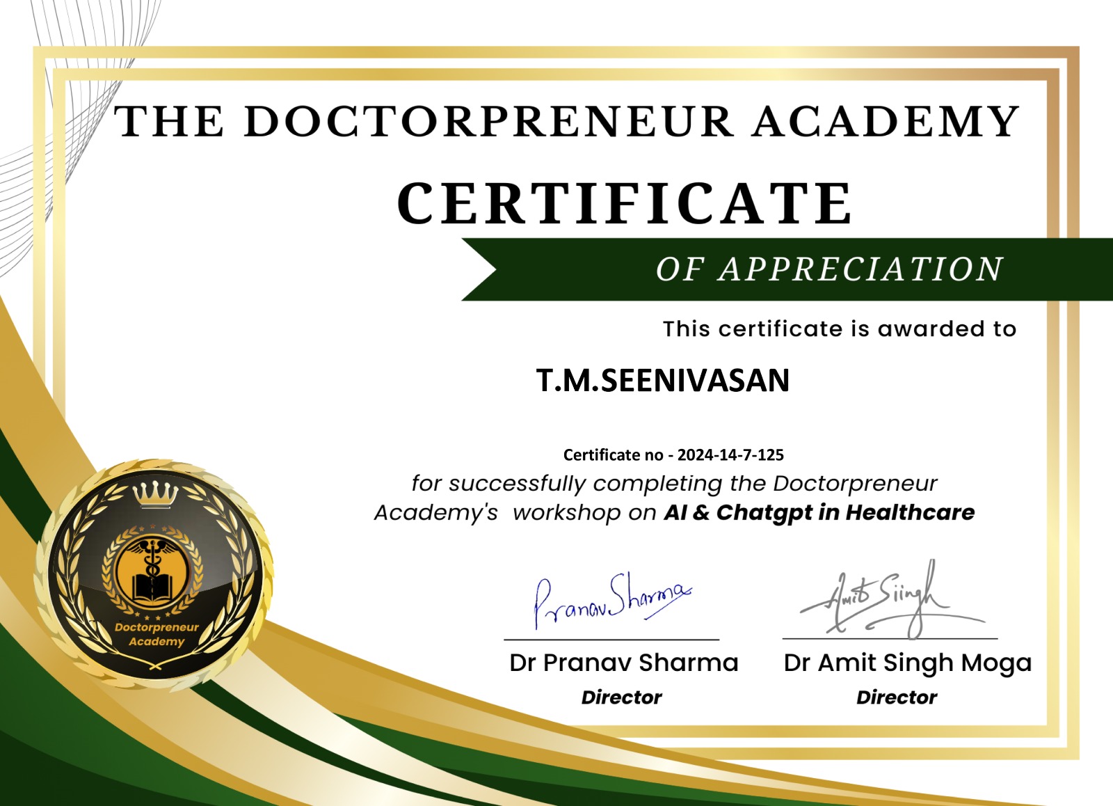 Doctorpreneur Academy certificate of appreciation